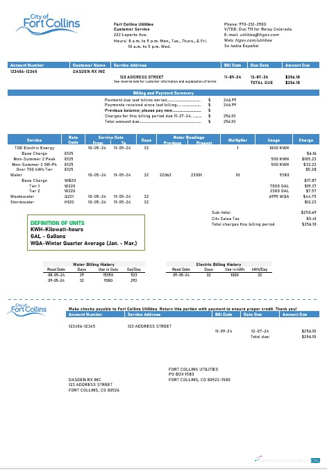 USA Colorado Fort Collins Utilities business utility bill template in Word and PDF formats